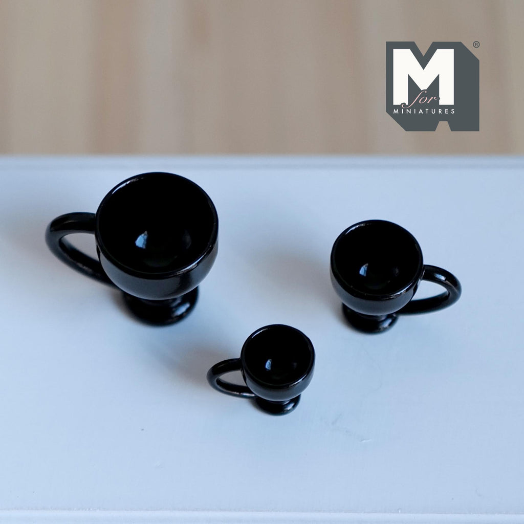 Miniature Pedestal Mug Set 1:12 Scale Dollhouse Footed Mugs Set of 3 (black) (metal)  - A057