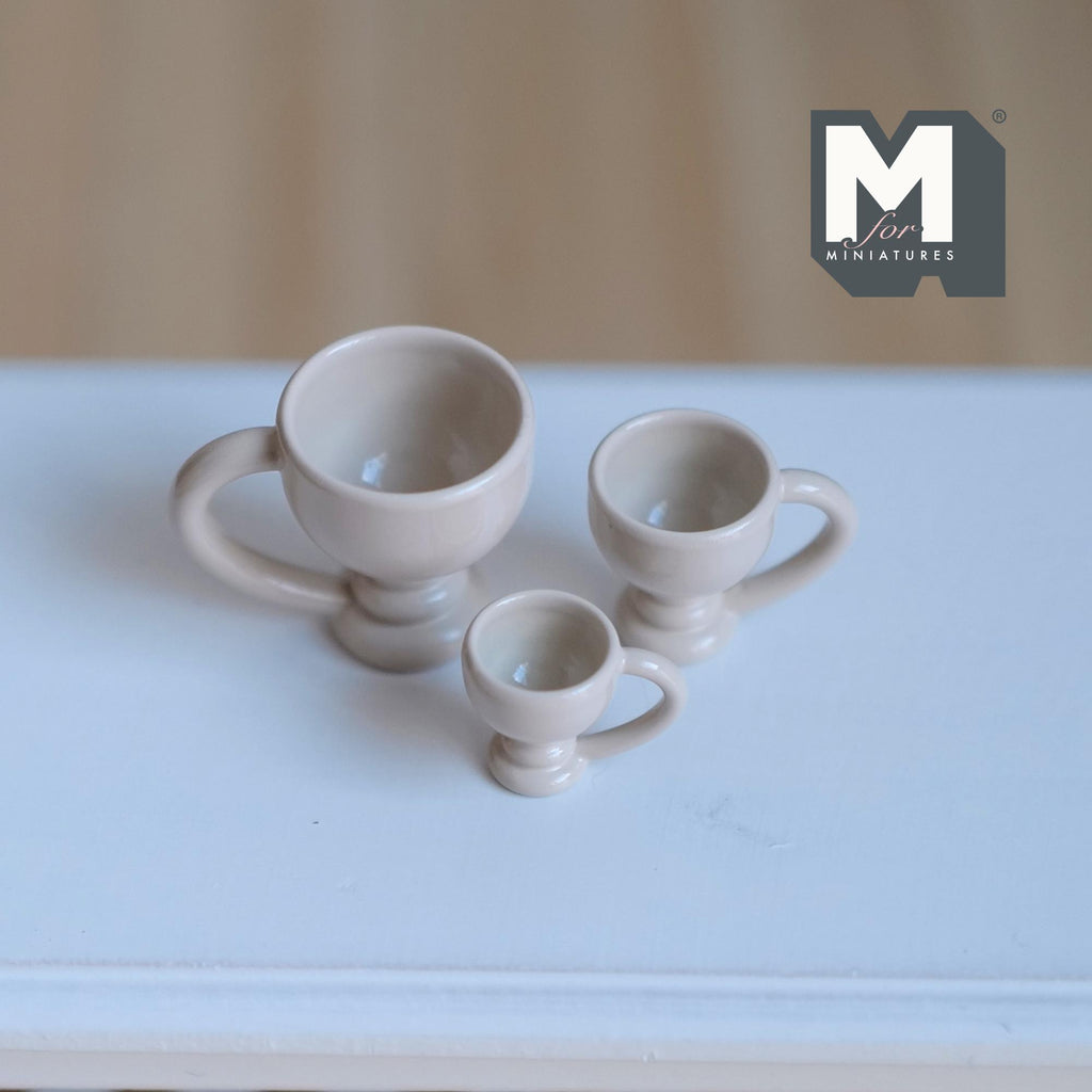 Miniature Pedestal Mug Set 1:12 Scale Dollhouse Footed Mugs Set of 3 (beige) (metal)  - A057