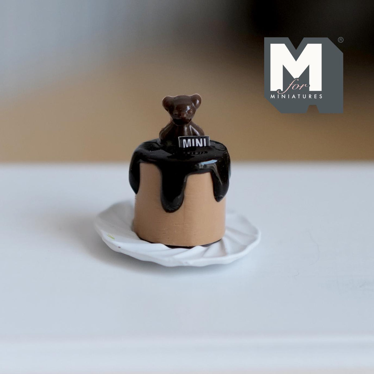 Miniature Chocolate Bear Birthday Cake on Plate 1:12 Scale Dollhouse Food Dessert 11/16 inch tall (resin) - E028