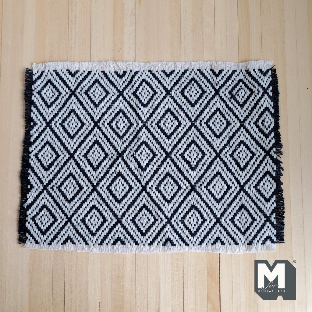 Miniature Black and White Geometric Diamond Rug 1:12 Scale Dollhouse Woven Carpet with Fringe 7-1/2 inch long - C005