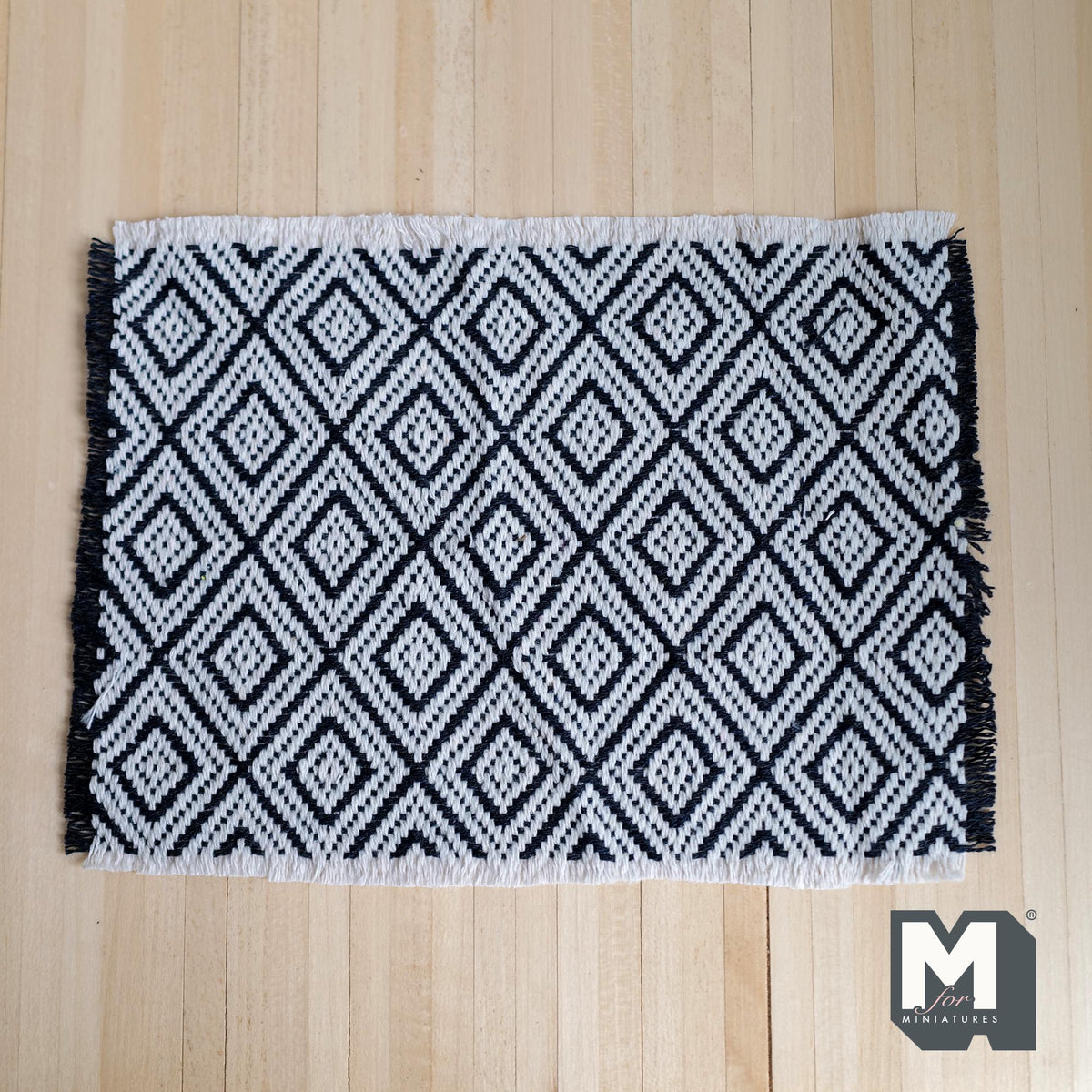 Miniature Black and White Geometric Diamond Rug 1:12 Scale Dollhouse Woven Carpet with Fringe 7-1/2 inch long - C005