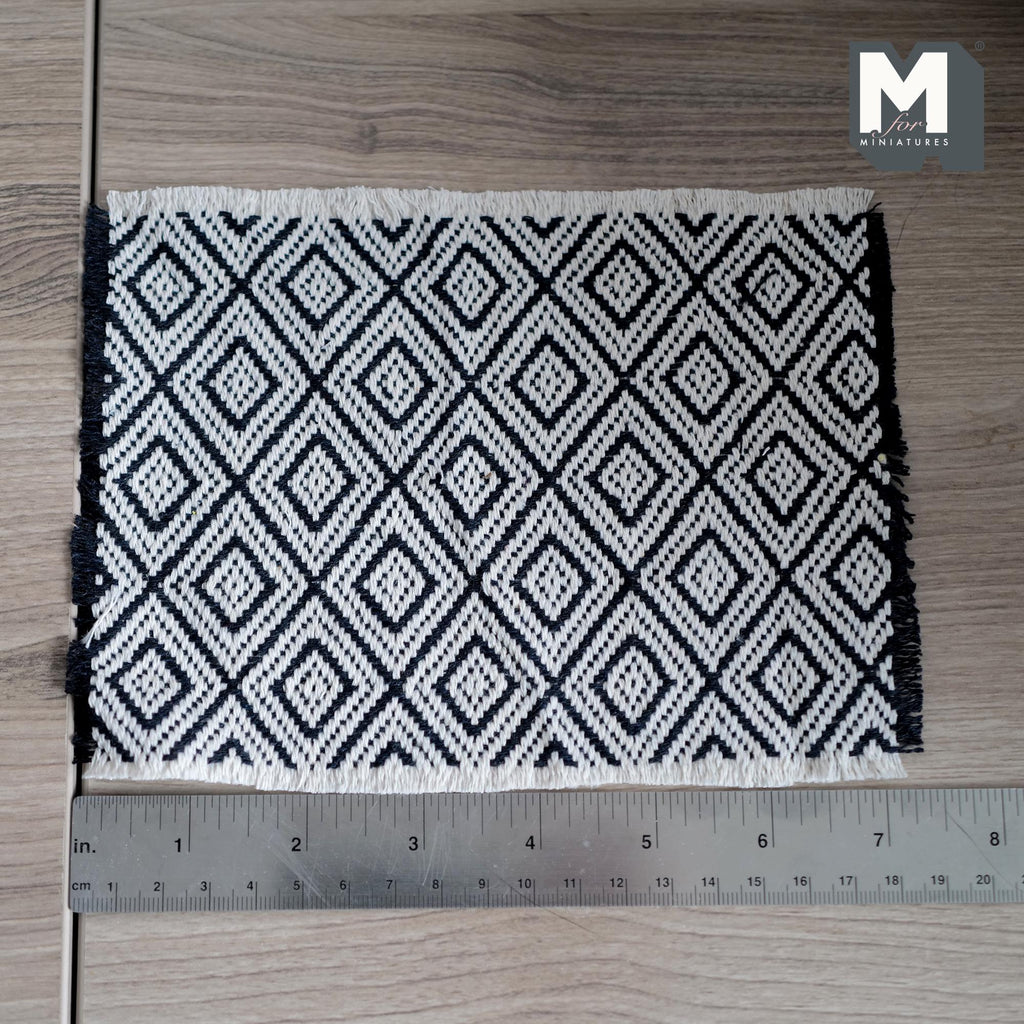 Miniature Black and White Geometric Diamond Rug 1:12 Scale Dollhouse Woven Carpet with Fringe 7-1/2 inch long - C005