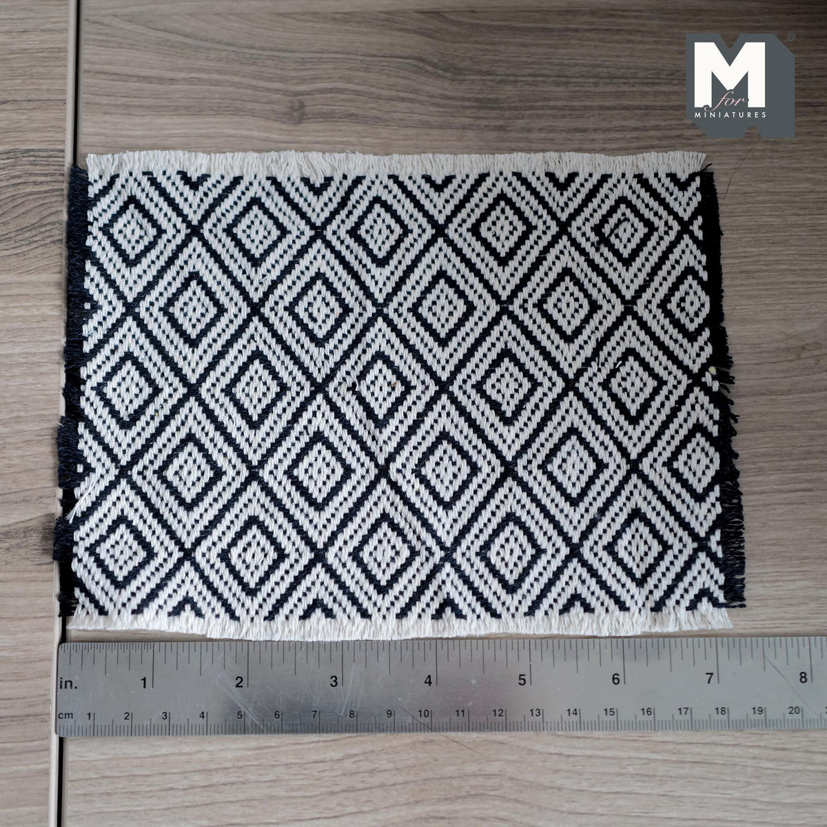 Miniature Black and White Geometric Diamond Rug 1:12 Scale Dollhouse Woven Carpet with Fringe 7-1/2 inch long - C005