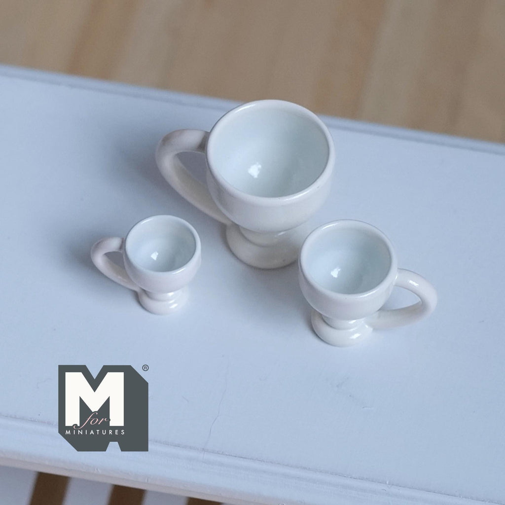 Miniature Pedestal Mug Set 1:12 Scale Dollhouse Footed Mugs Set of 3 (white) (metal)  - A057