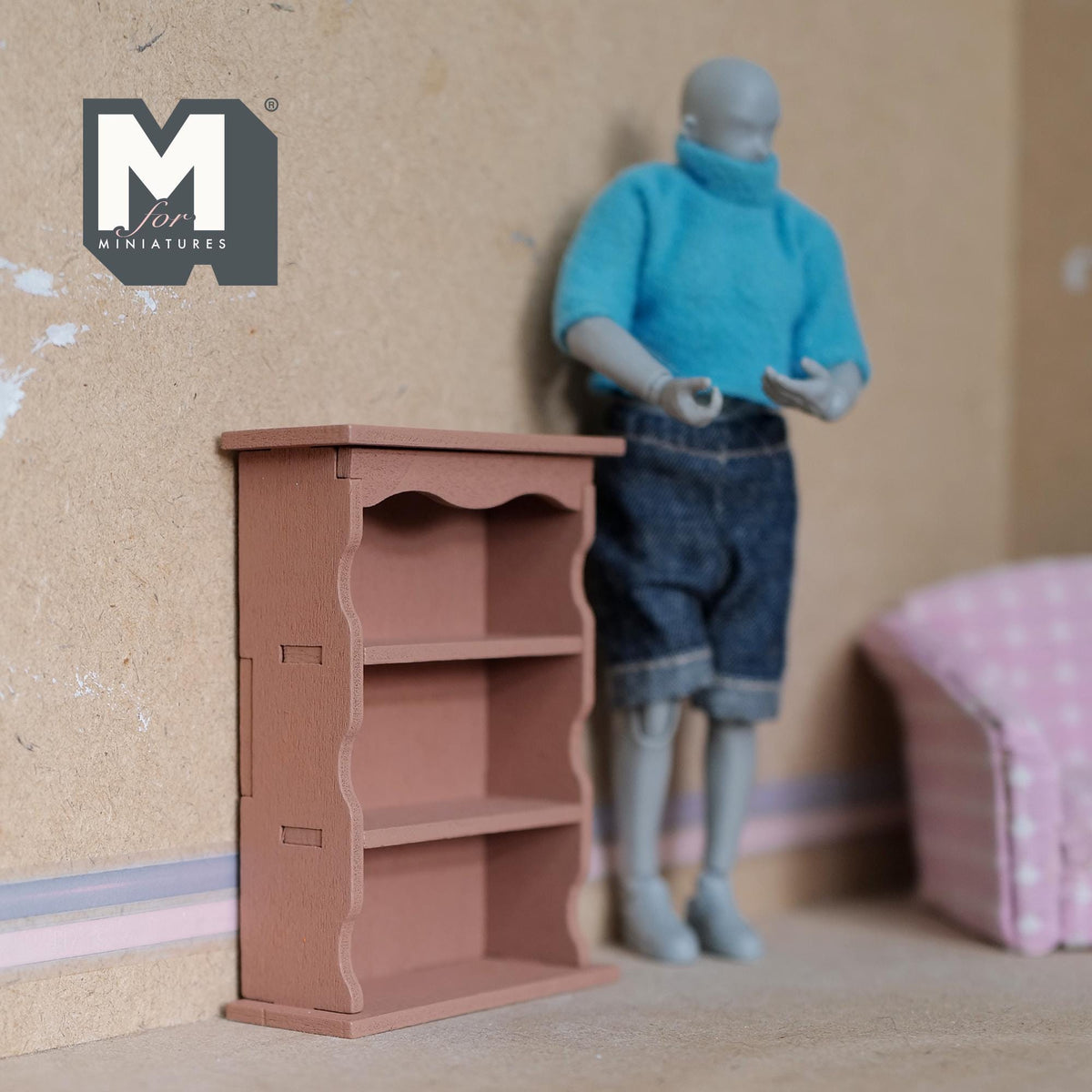 Miniature Scalloped Bookcase 1:12 Scale Wooden Bookshelf Dollhouse Furniture Display Cabinet 3-3/8 inch tall (gray) - K021