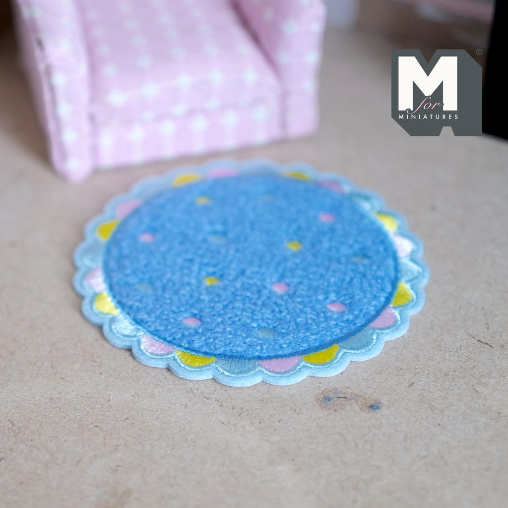 Miniature Nursery Rug 1:12 Scale Dollhouse Baby Room Pastel Scalloped Round Shag Rug 3-1/4 inch dia. (blue) - K021