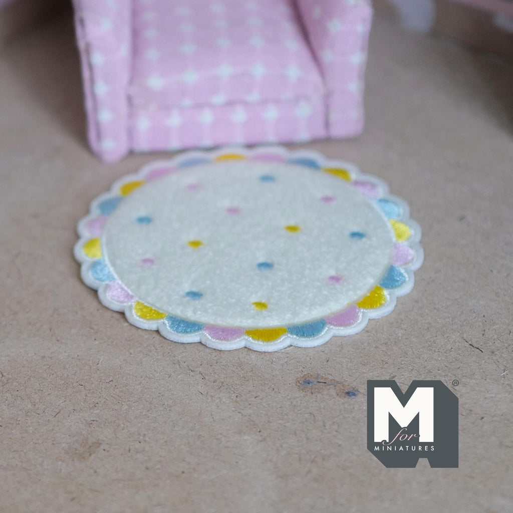 Miniature Nursery Rug 1:12 Scale Dollhouse Baby Room Pastel Scalloped Round Shag Rug 3-1/4 inch dia. (cream) - k021