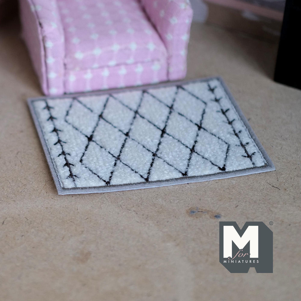 Miniature Argyle Area Rug 1:12 Scale Dollhouse Textured Diamond Pattern Shag Rug Living Room Carpet 3-11/16 inch long (white) - K021