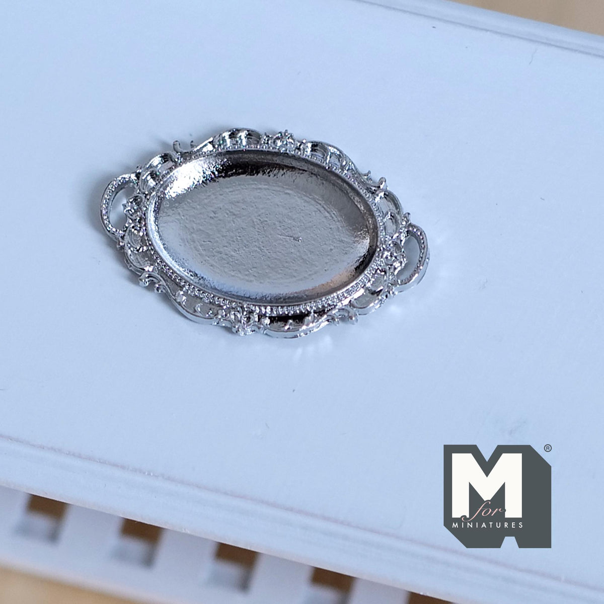 Miniature Vintage Style Ornate Serving Tray 1:12 Scale Dollhouse Filigree Pattern Tray 1-3/8 inch long (silver) - F068