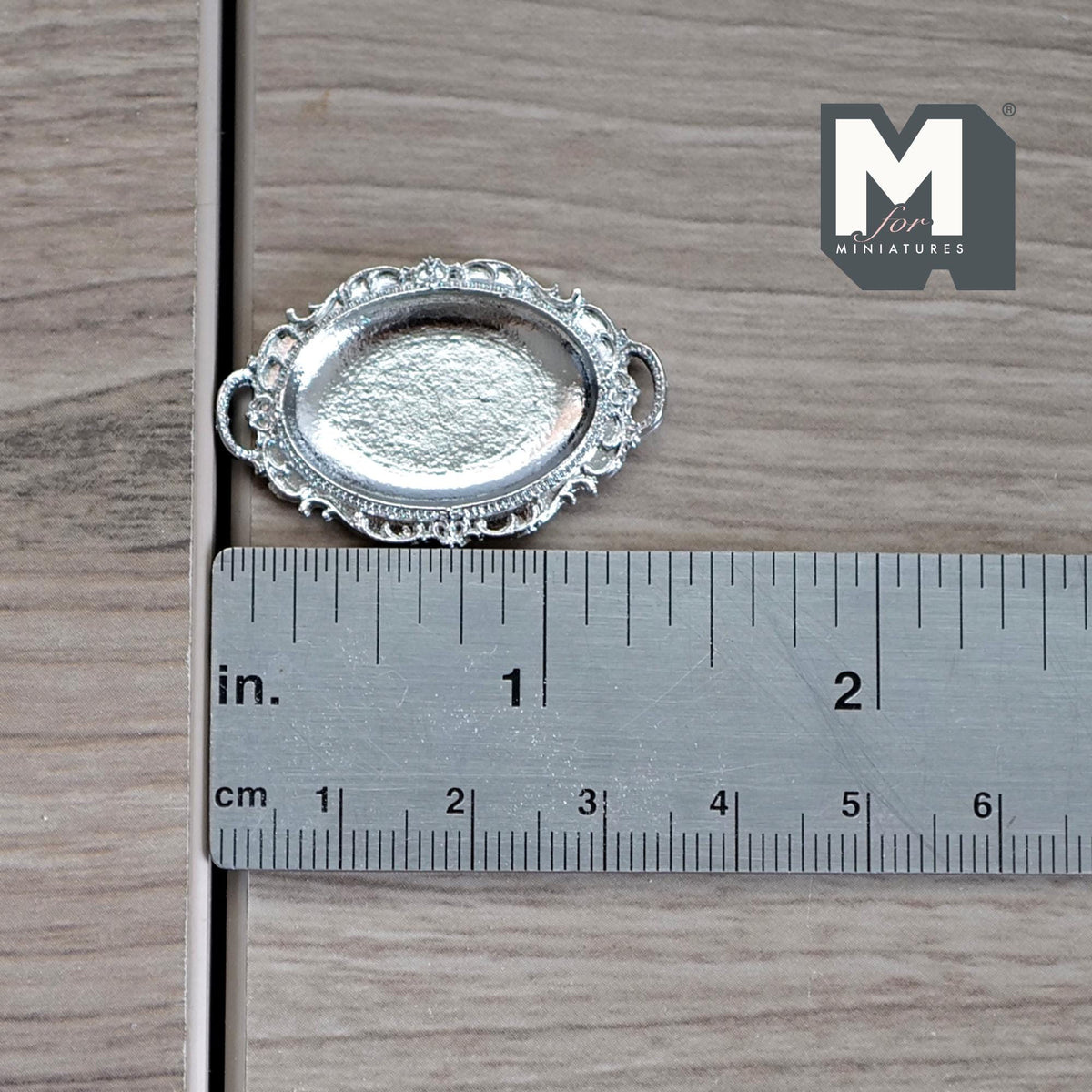 Miniature Vintage Style Ornate Serving Tray 1:12 Scale Dollhouse Filigree Pattern Tray 1-3/8 inch long (silver) - F068