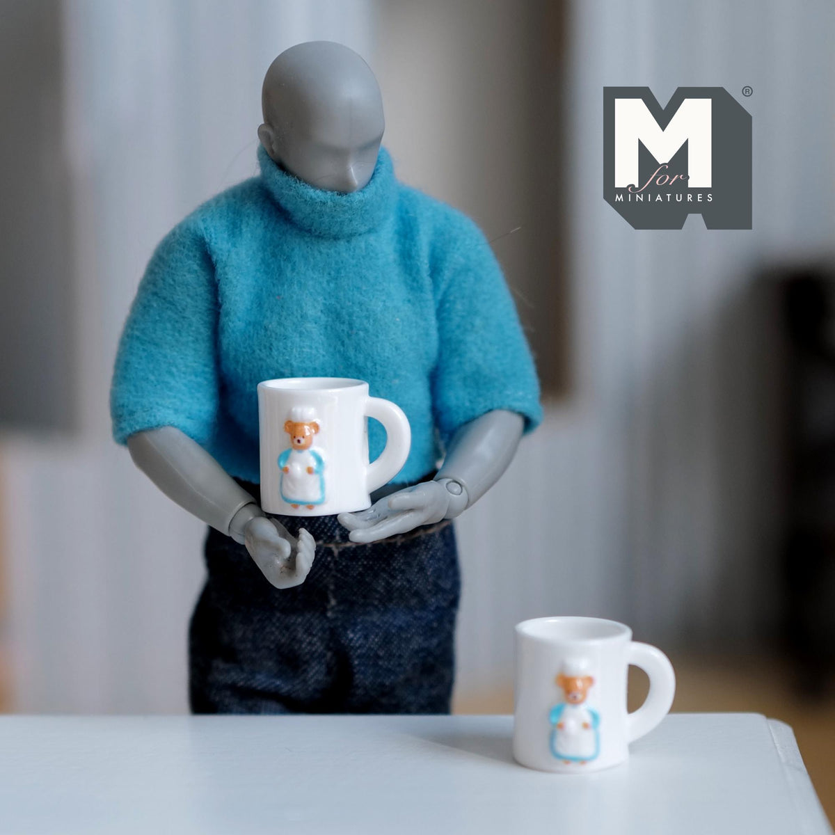 Miniature Bear Themed Coffee Mugs Set of 2 , 1:12 Scale Dollhouse Drinkware 5/8 inch tall (resin) - A028
