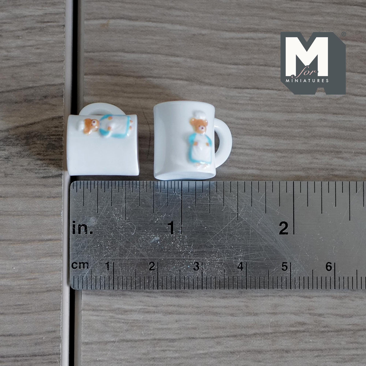 Miniature Bear Themed Coffee Mugs Set of 2 , 1:12 Scale Dollhouse Drinkware 5/8 inch tall (resin) - A028
