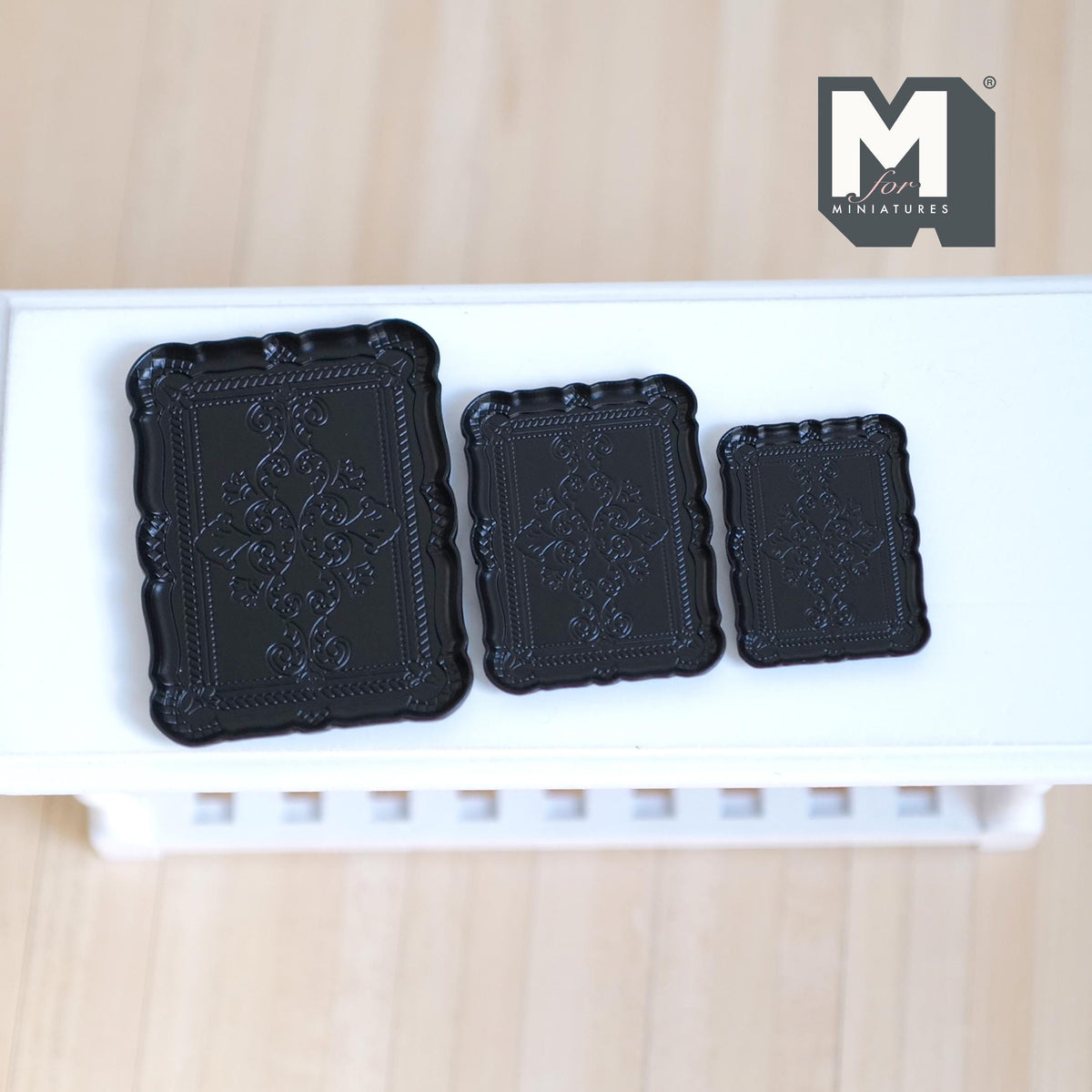 Miniature Embossed Filigree Serving Trays Set of 3 , 1:12 Scale Dollhouse Serveware Tableware (black)  - D033