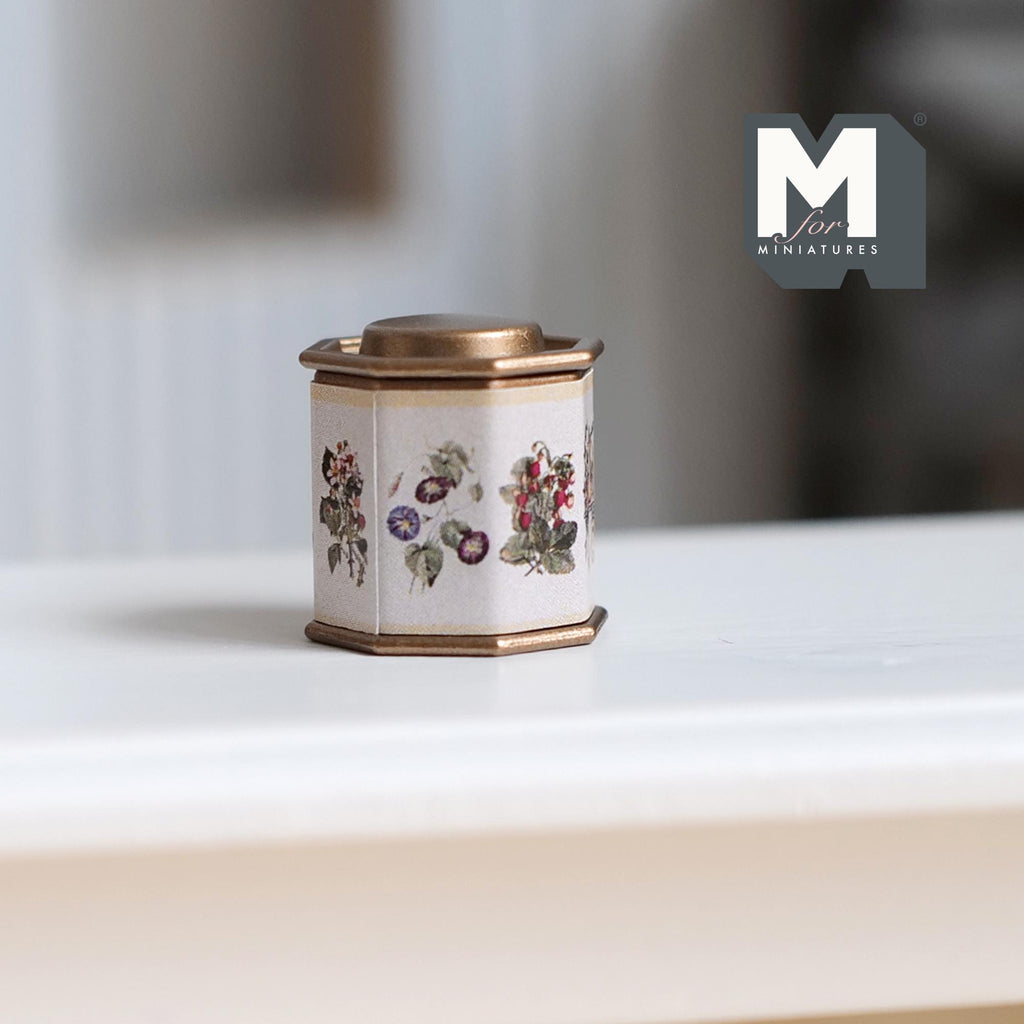 Miniature Tea Tin 1:12 Scale Dollhouse Kitchen Octagonal Floral Canister with Removable Lid 11/16 inch dia. - H024
