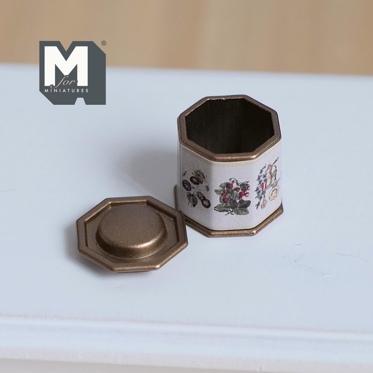 Miniature Tea Tin 1:12 Scale Dollhouse Kitchen Octagonal Floral Canister with Removable Lid 11/16 inch dia. - H024