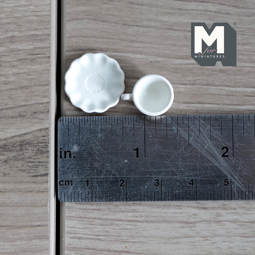 Miniature Coffee Cup and Saucer Set 1:12 Scale Dollhouse Tea Cup Drinkware Set of 2 (white)(metal)   - F074
