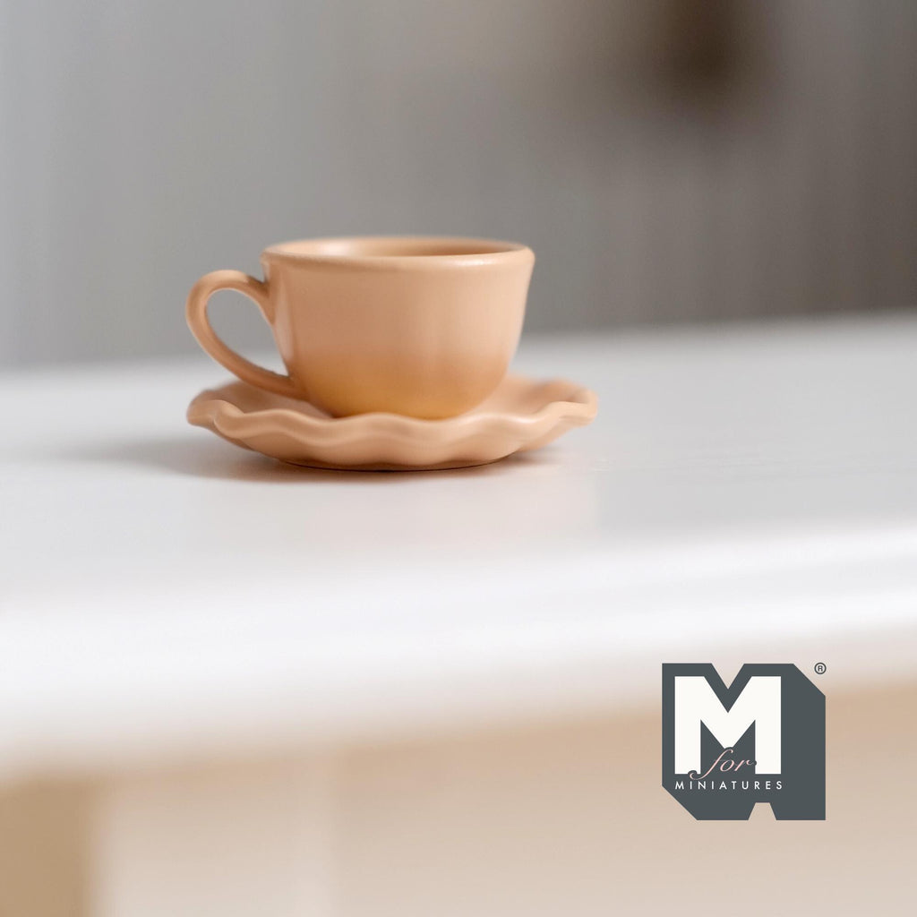 Miniature Coffee Cup and Saucer Set 1:12 Scale Dollhouse Tea Cup Drinkware Set of 2 (light orange) (metal)  - F074