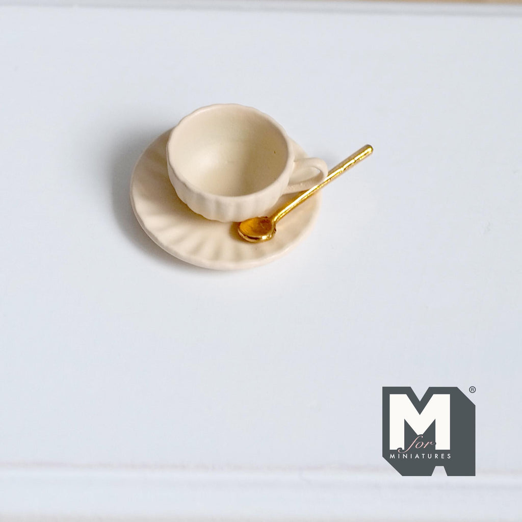 Miniature Cup Saucer and Spoon Set 1:12 Scale Dollhouse Drinkware Set of 3 (beige) (large) (metal) - F077