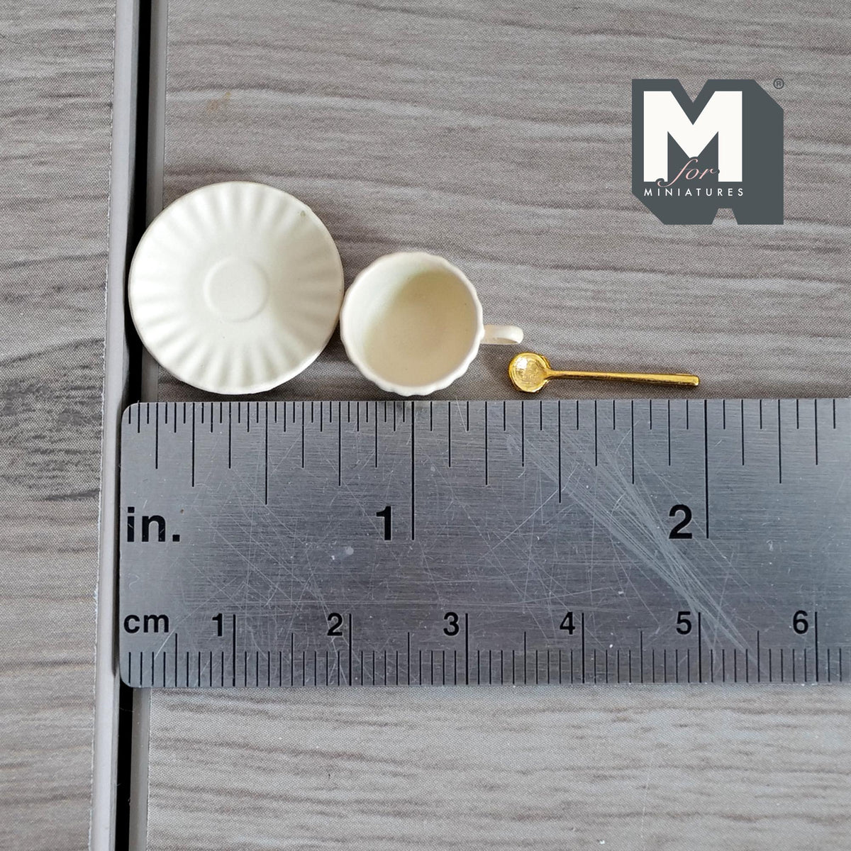 Miniature Cup Saucer and Spoon Set 1:12 Scale Dollhouse Drinkware Set of 3 (beige) (large) (metal) - F077
