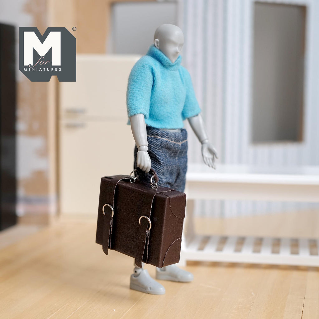 Miniature Briefcase 1:12 Scale Dollhouse Decor Suitcase Wrapped in Faux Leather 1-7/8 inch wide (brown) (non opening) - C043