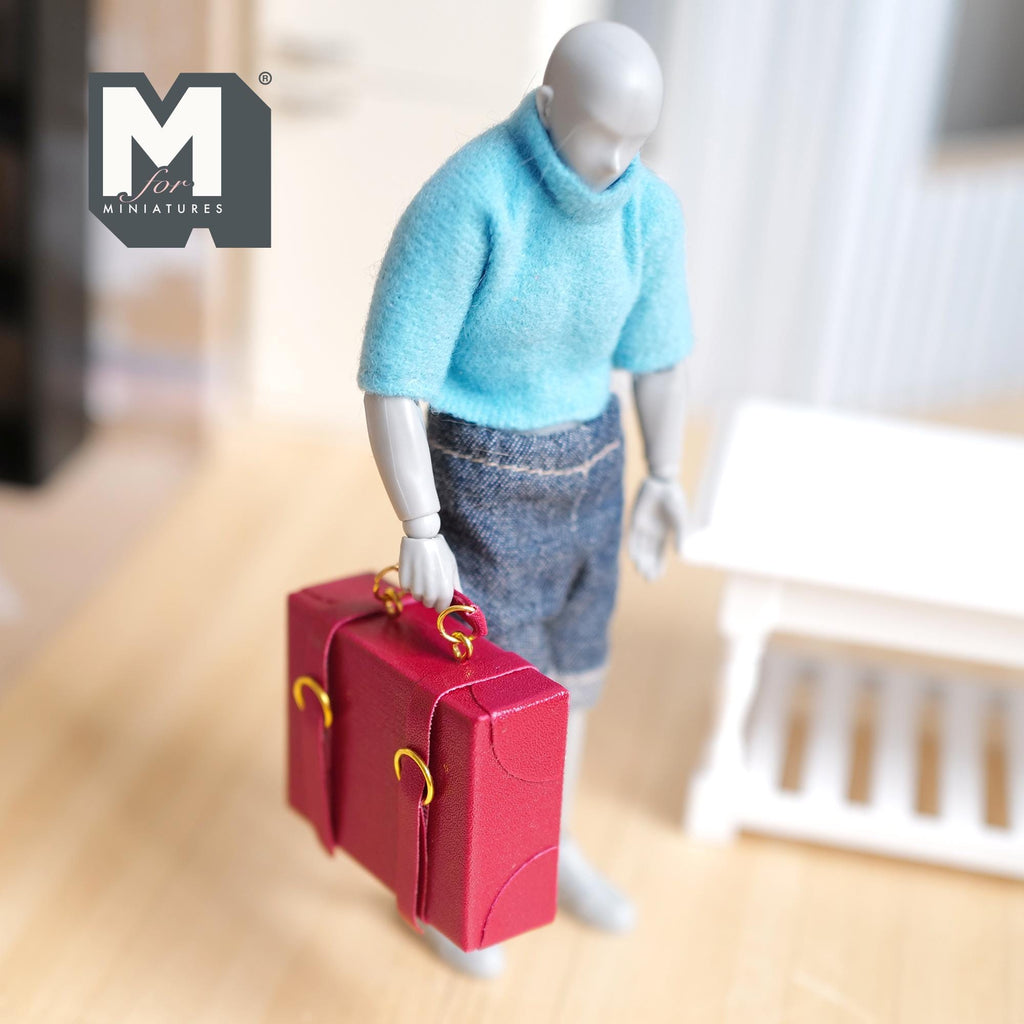 Miniature Briefcase 1:12 Scale Dollhouse Decor Suitcase Wrapped in Faux Leather 1-7/8 inch wide (red) (non opening) - C043