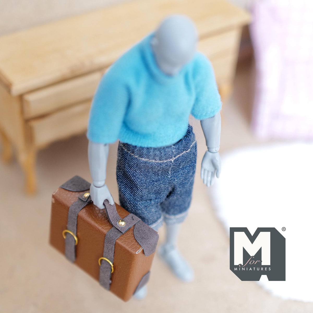 Miniature Briefcase 1:12 Scale Dollhouse Decor Suitcase Wrapped in Faux Leather 1-7/8 inch wide (light brown) (non opening) - C043