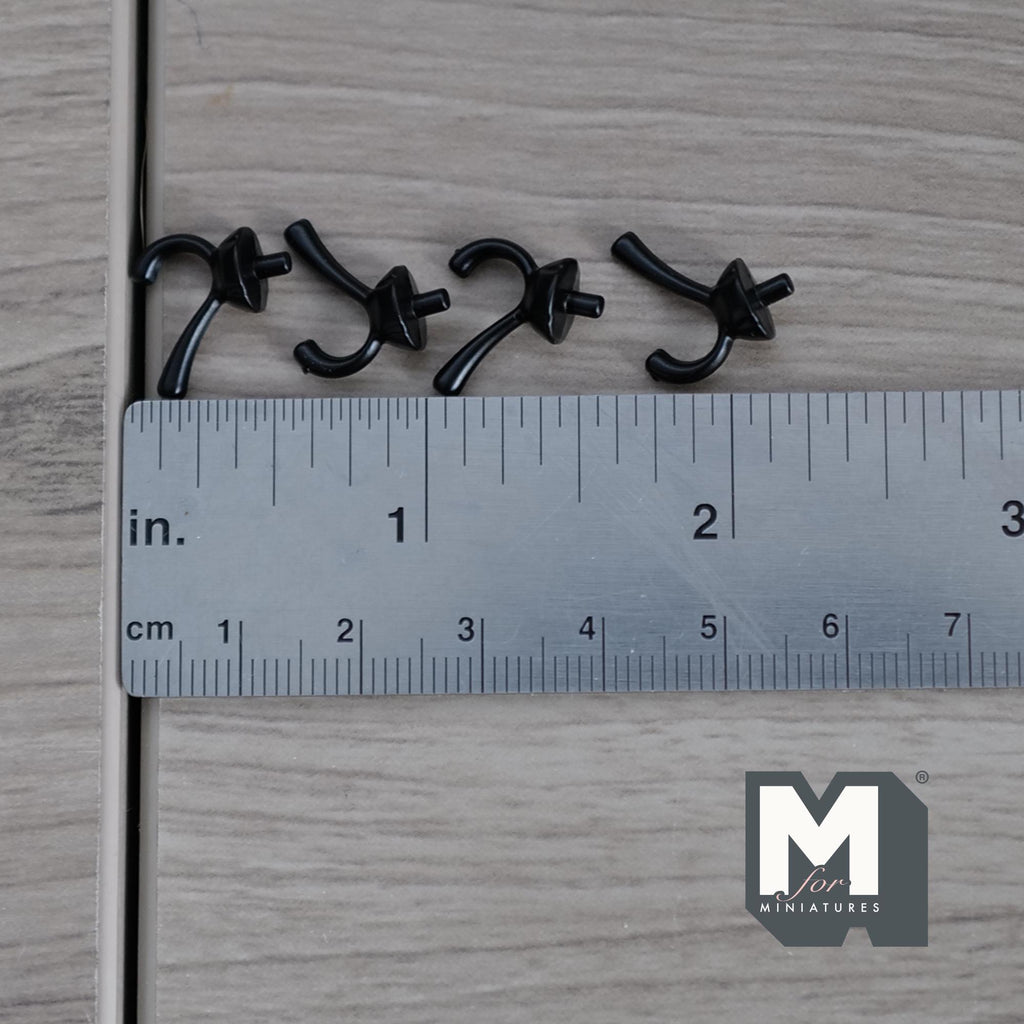 1:12 Scale Miniature Dollhouse Wall Hooks, Set of 4, 9/16 inch tall (black)