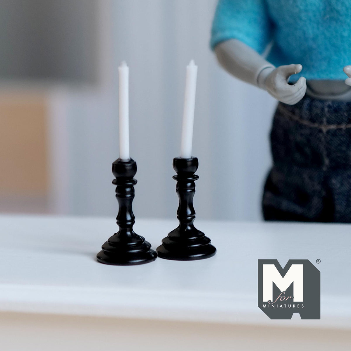 Dollhouse Candle Holders Set of 2 , 1:12 Scale Miniature Metal Round Candle Holder Base 1-9/16 inch tall (black) - C082