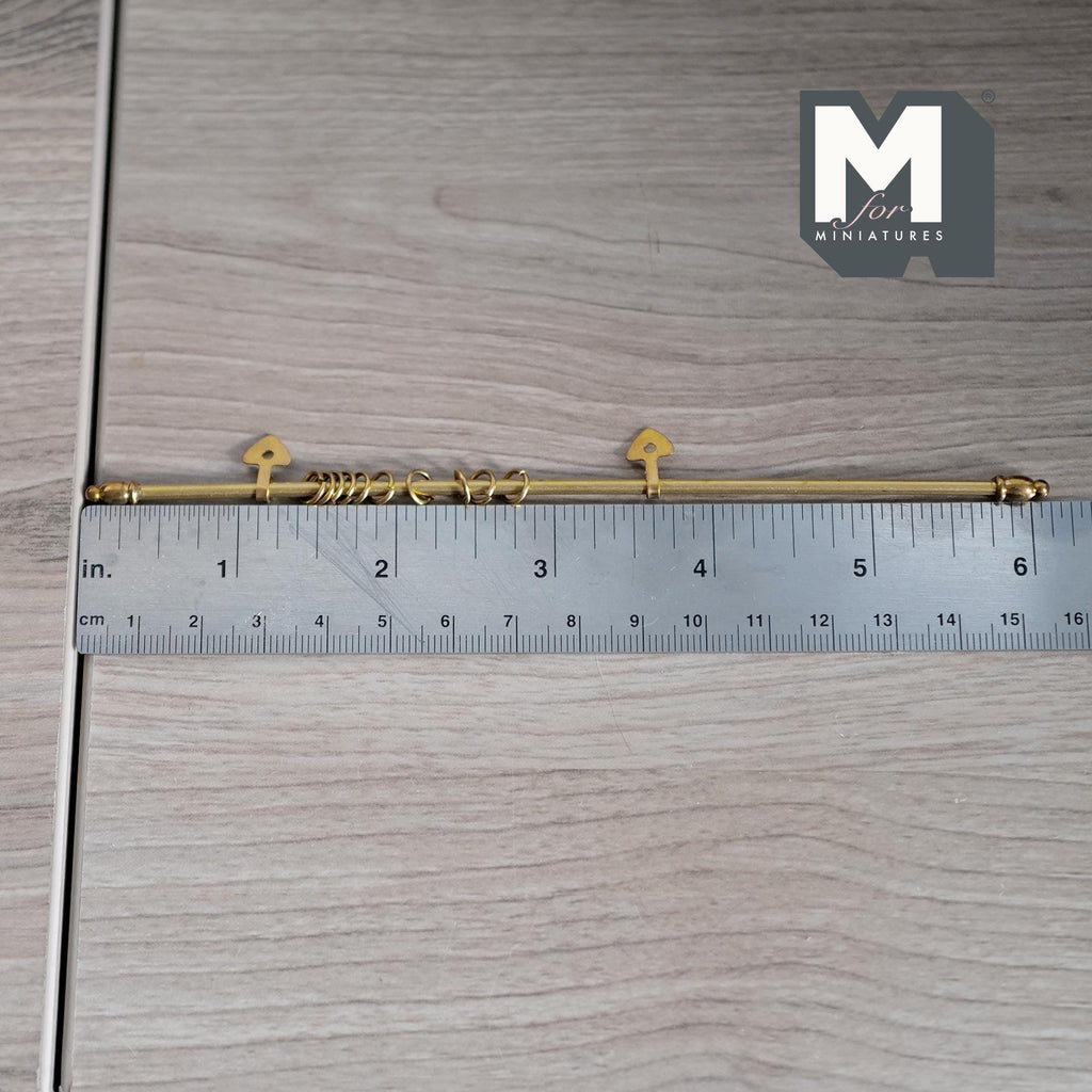 1:12 Scale Miniature Curtain Rod with 2 Hangers and 10 Rings, Brass, Fixed Length, Requires Mounting, 6 inch long