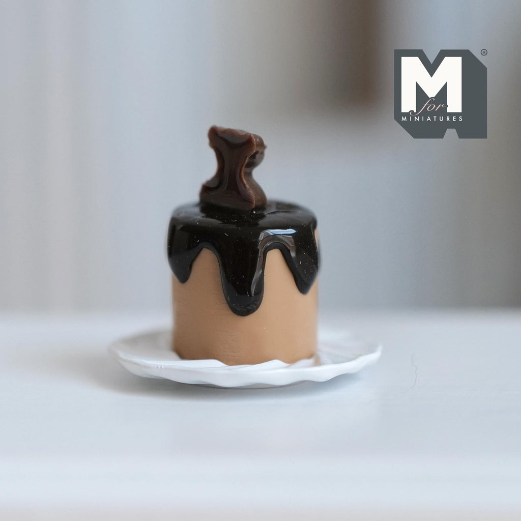 Miniature Chocolate Bear Birthday Cake on Plate 1:12 Scale Dollhouse Food Dessert 11/16 inch tall (resin) - E028