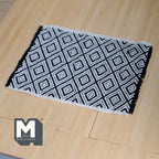 Miniature Black and White Geometric Diamond Rug 1:12 Scale Dollhouse Woven Carpet with Fringe 7-1/2 inch long - C005