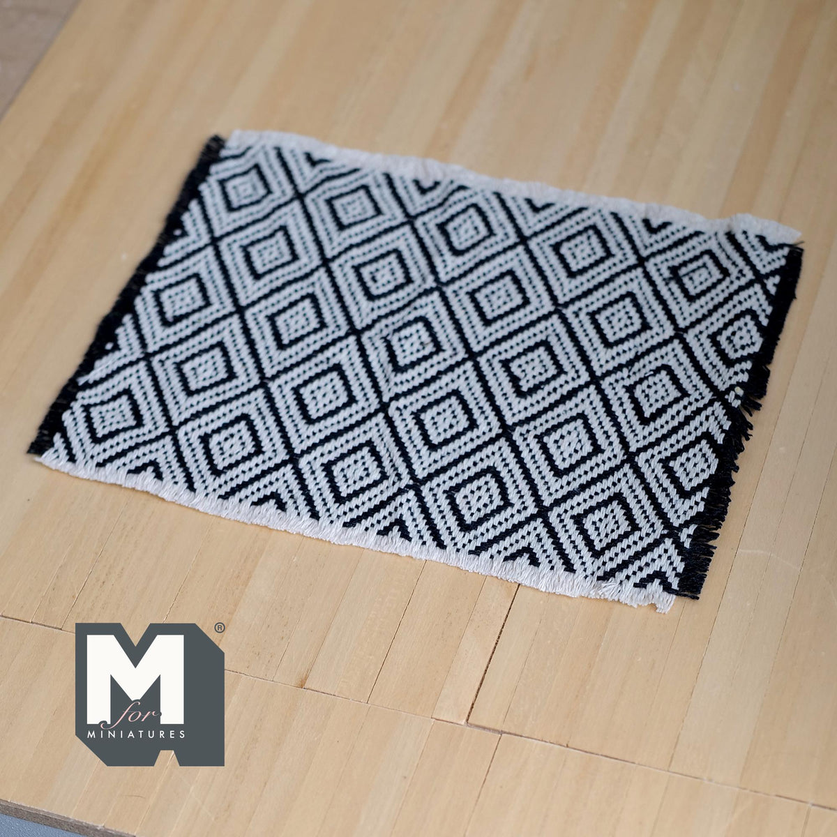 Miniature Black and White Geometric Diamond Rug 1:12 Scale Dollhouse Woven Carpet with Fringe 7-1/2 inch long - C005