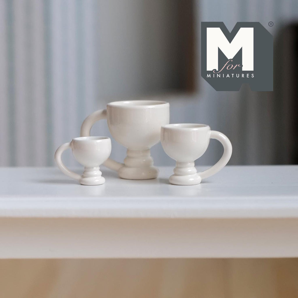 Miniature Pedestal Mug Set 1:12 Scale Dollhouse Footed Mugs Set of 3 (white) (metal)  - A057