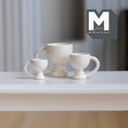 1:12 scale miniature footed pedestal mugs in white, set of 3 graduated sizes, shown on a white shelf