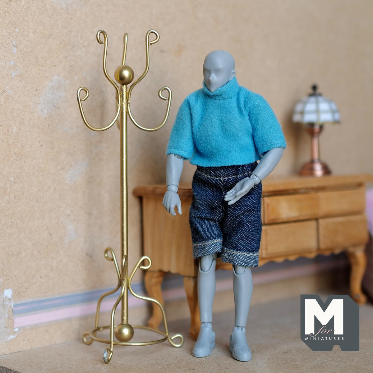 Miniature Coat Rack 1:12 Scale Dollhouse Clothes Stand , Coat Tree , Hall Coat Tree 6 inch tall (matte gold) - J001