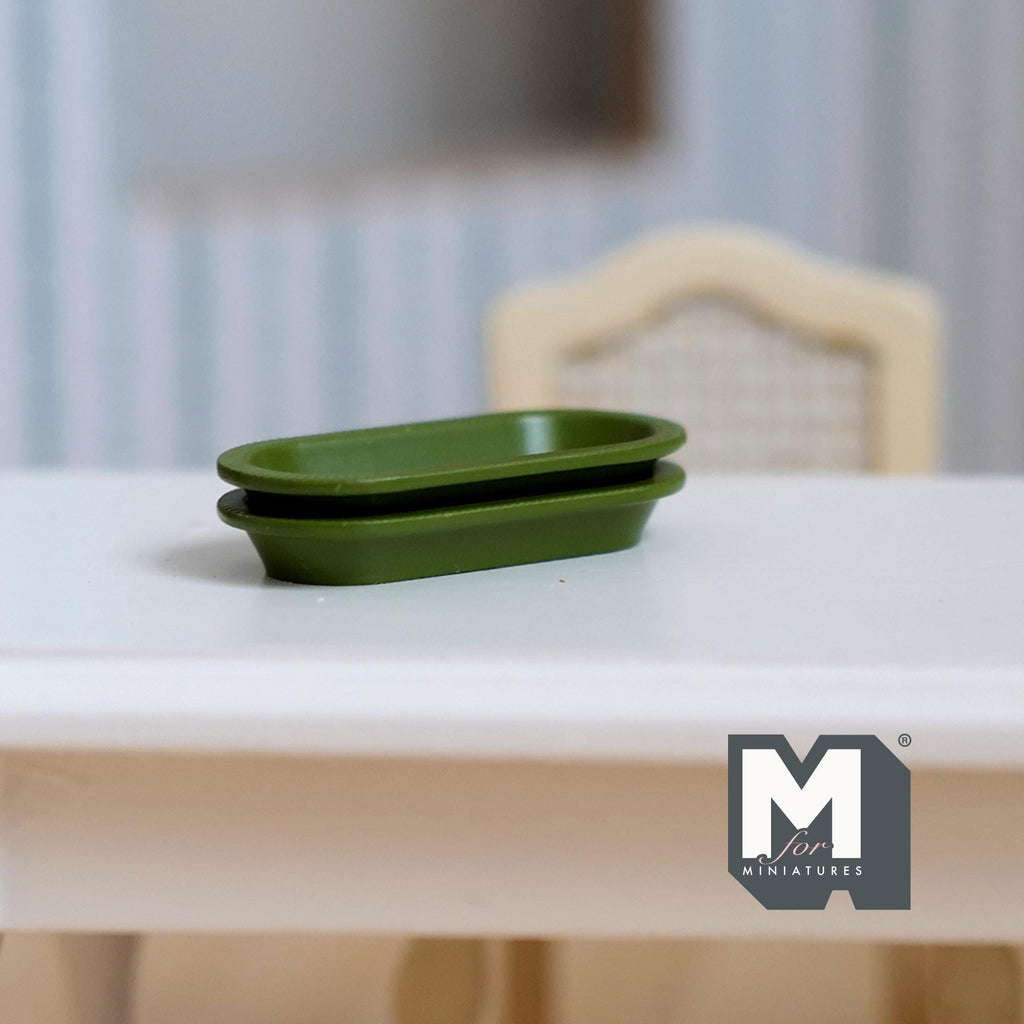 Miniature Oval Plates 1:12 Scale Dollhouse Tableware Oblong Plates Set of 2 , 1-1/4 inch long (green) (metal) - A043