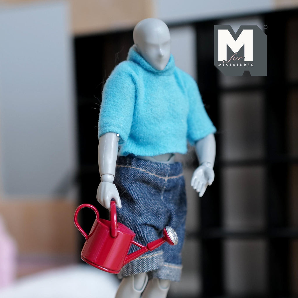 Miniature Metal Watering Can – 1:12 Scale Dollhouse Fairy Garden Accessory Watering Pot Vessel (red) - F104