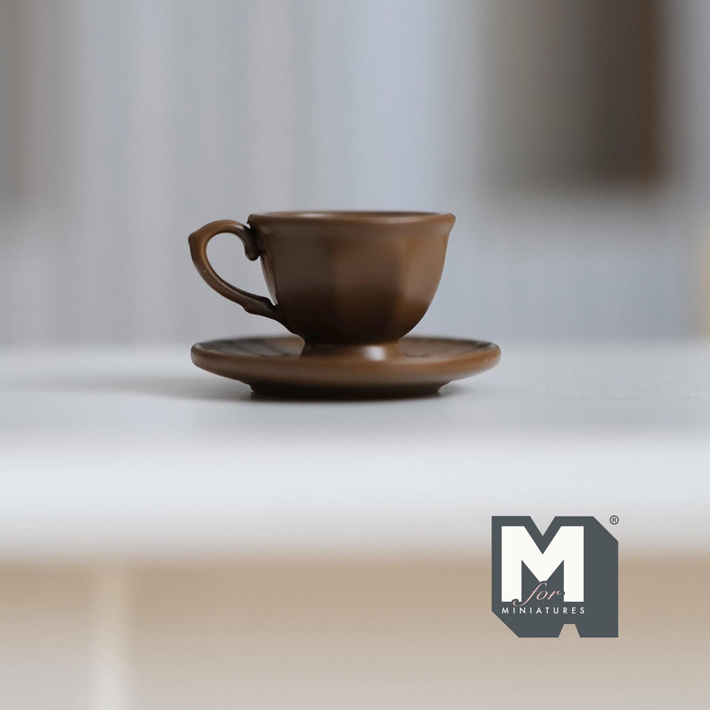 Miniature Coffee Cup and Saucer Set 1:12 Scale Dollhouse Tea Cup Drinkware Set of 2 (dark brown)  - F071