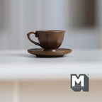 1:12 scale miniature coffee cup and ribbed saucer in dark brown, set of 2, shown on a white table