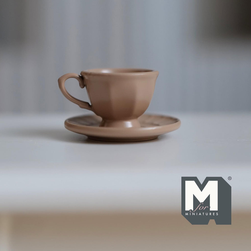 Miniature Coffee Cup and Saucer Set 1:12 Scale Dollhouse Tea Cup Drinkware Set of 2 (light brown)  - F071