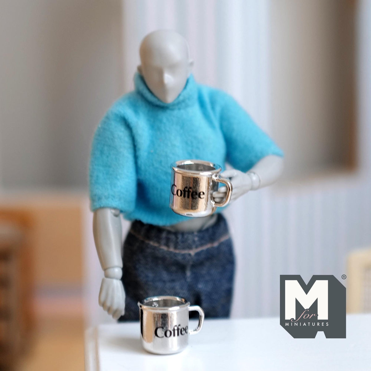 Miniature Metal Coffee Mugs Set of 2 Dollhouse Kitchen Accessories Drinkware 1/2 inch tall - F066
