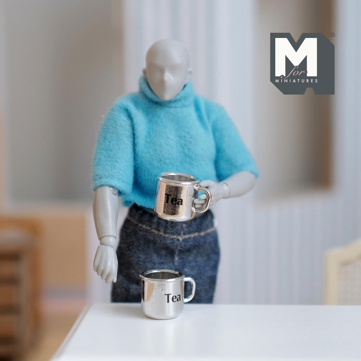 Miniature Metal Tea Mugs Set of 2 Dollhouse Kitchen Accessories Drinkware 1/2 inch tall - F066