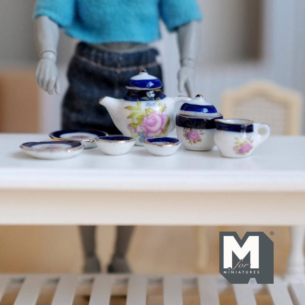 Dollhouse Ceramic Tea Pot Set 1:12 Scale Miniature Flower Themed Tea pot and Cups Set of 7 (dark blue) - A062