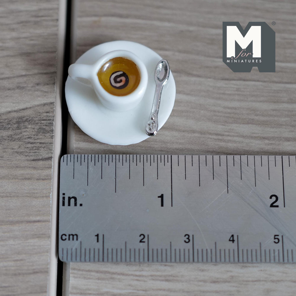 Miniature Cup of Espresso with Saucer and Spoon 1:12 Scale Diorama Beverage Coffee 1/2 inch tall (fixed set) - E079