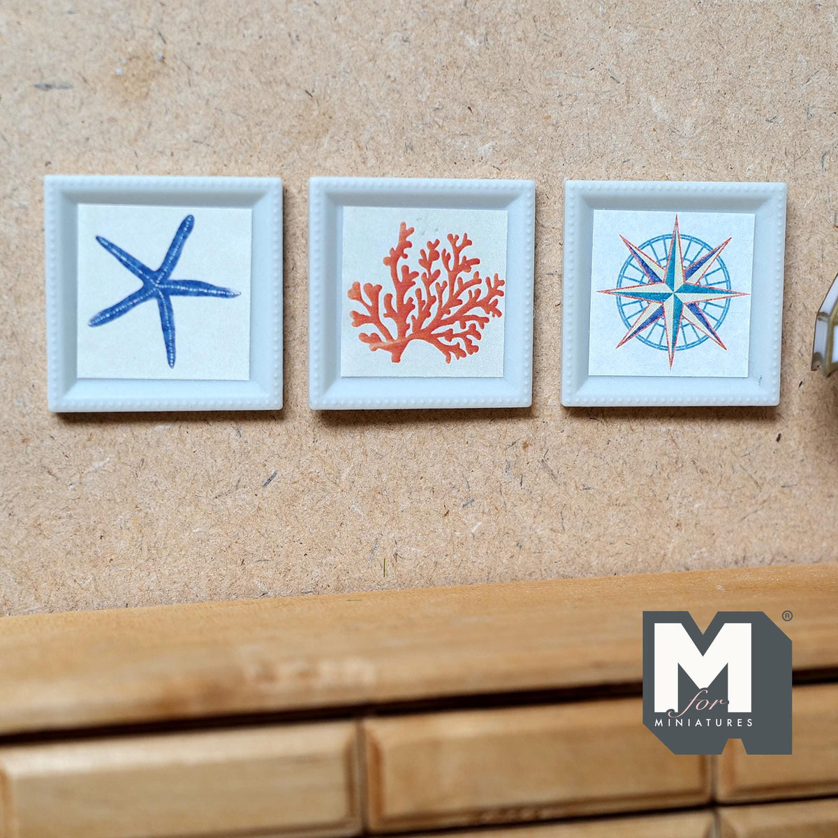Miniature Coastal Wall Art Set of 3, 1:12 Scale Dollhouse Decor Nautical Frames Starfish Coral and Compass 1-1/4 inch wide - F034