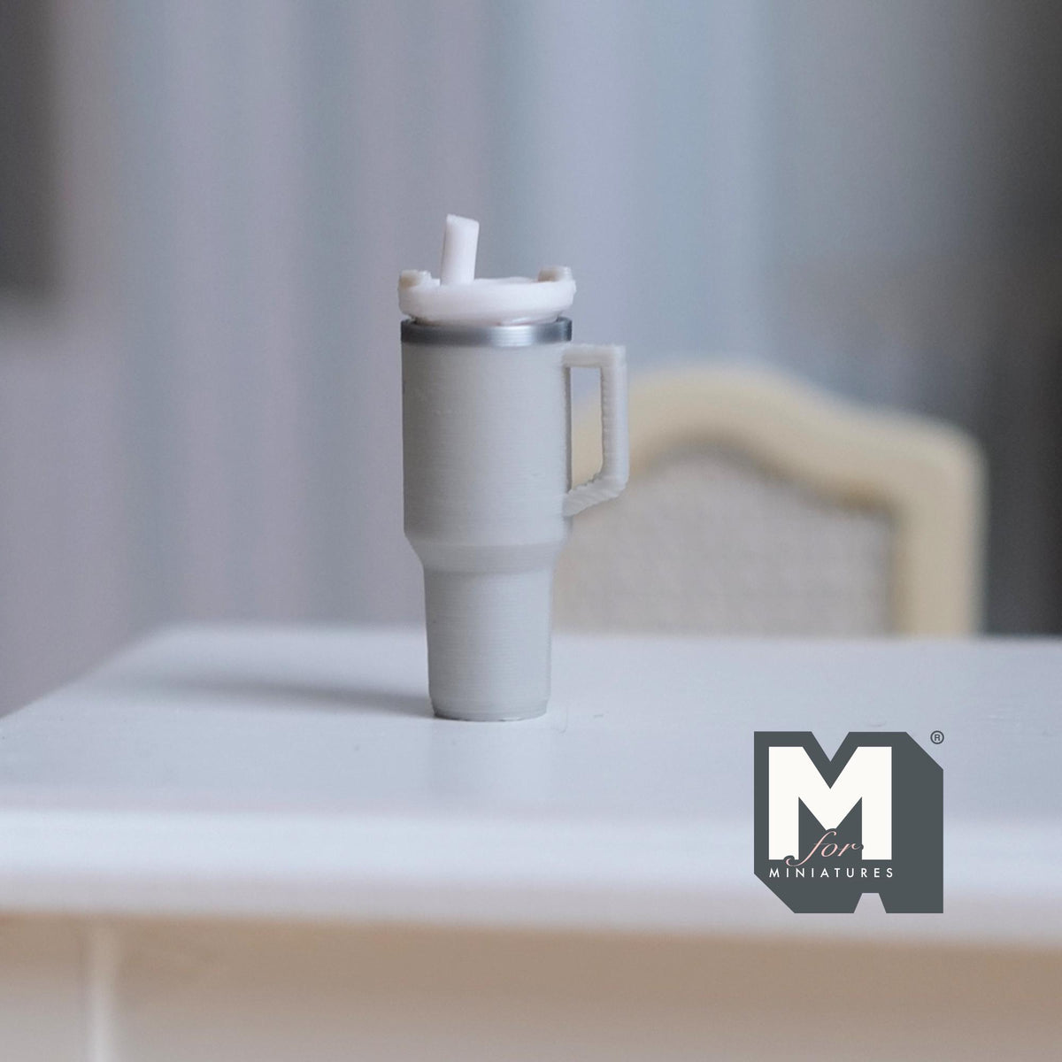 Miniature Tumbler with Straw 1:12 Scale Travel Mug with Handle Dollhouse Decor 7/8 inch tall (light gray) - E089
