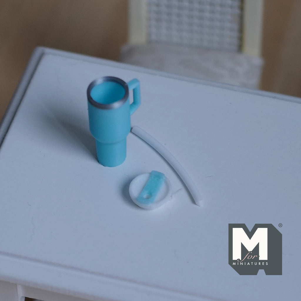 1:12 scale miniature tumbler with straw and handle in aqua blue