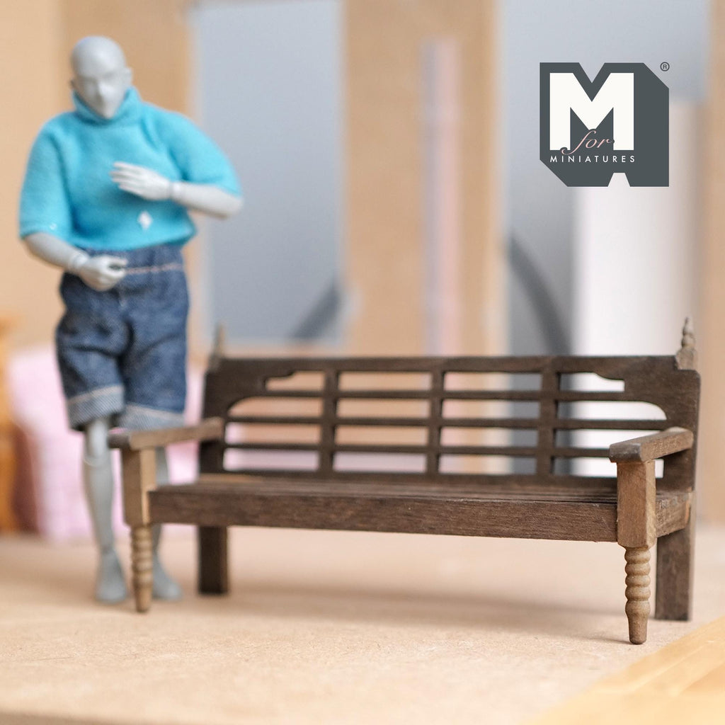 Miniature Garden Bench 1:12 Scale Dollhouse Fairy Garden Slatted Bench Outdoor Chair 5-7/16 inch long (brown) - K017