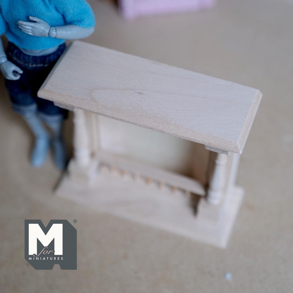 1:12 Scale Miniature Dollhouse Unpainted Wood Fireplace with Turned Columns, 3-7/16 inch tall