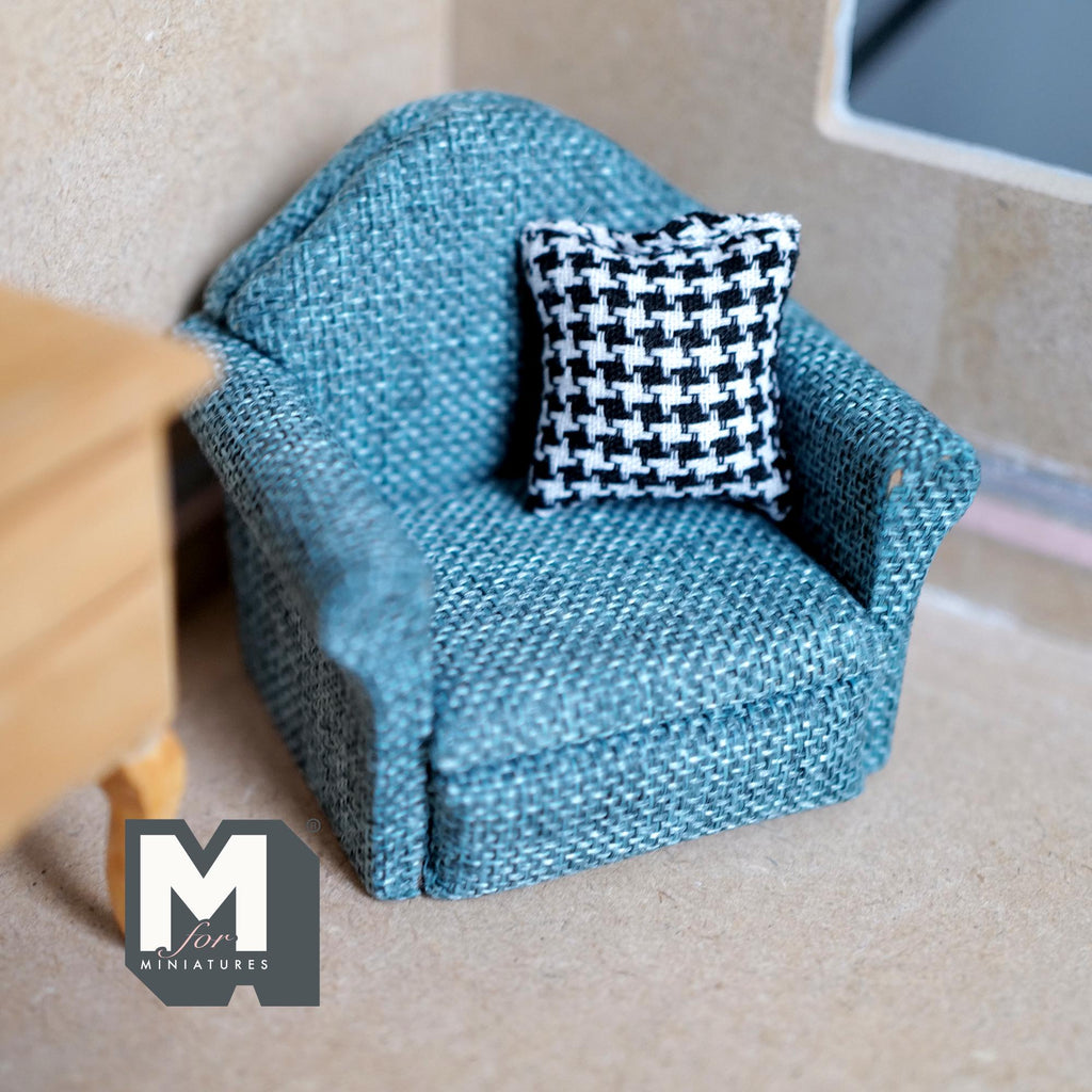 Miniature Armchair with Houndstooth Cushion 1:12 Scale Dollhouse Furniture Sofa 2-3/4 inch tall (blue) - K016